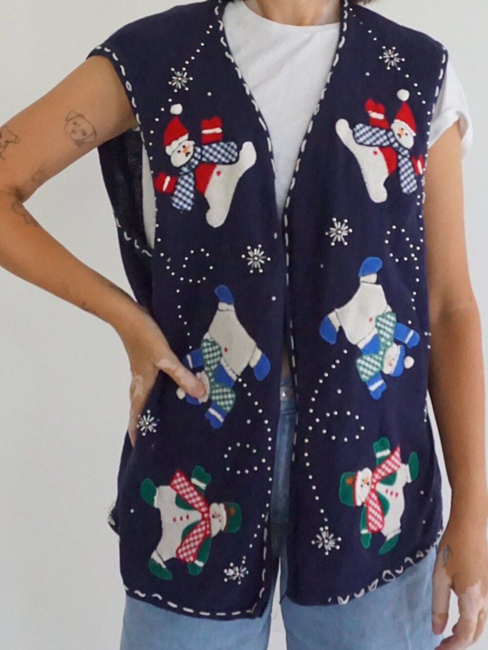 Vintage Navy Knit Snowman Snowflake Bead Embroidered Ugly Christmas Vest L